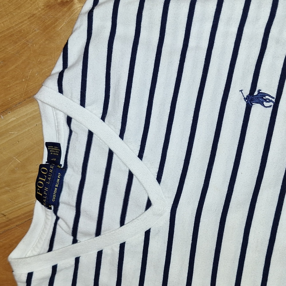 Polo Ralph Lauren Striped Vneck Short Sleeve Cotton Tee Size L Navy Blue White - Picture 4 of 7